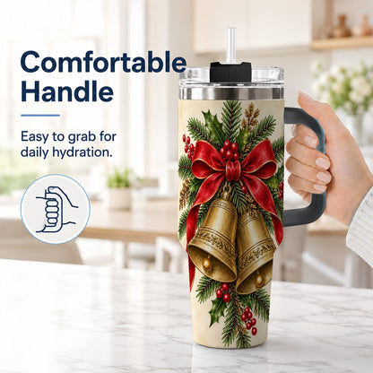 #pl[40oz|Black] Christmas Bells 40oz Tumbler with Handle, Holiday Floral Design