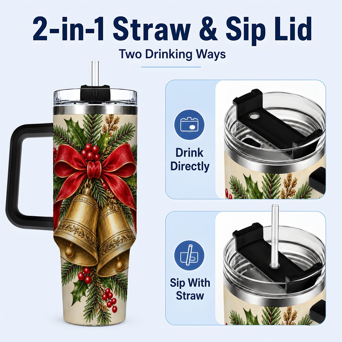 #pl[40oz|Black] Christmas Bells 40oz Tumbler with Handle, Holiday Floral Design