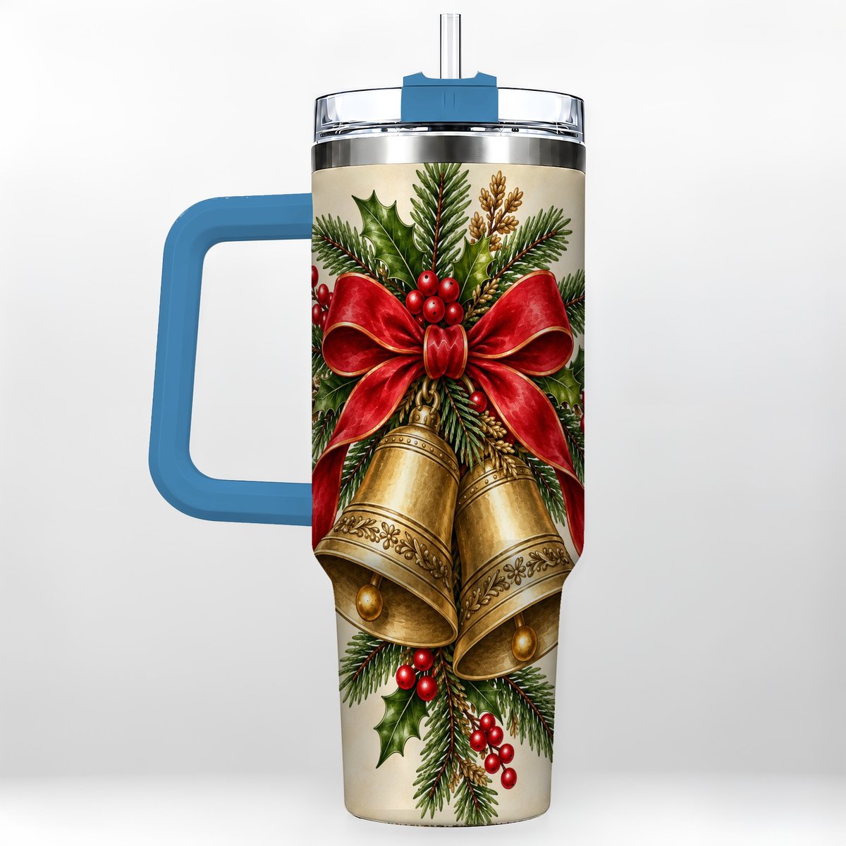 #pl[40oz|Blue] Christmas Bells 40oz Tumbler with Handle, Holiday Floral Design