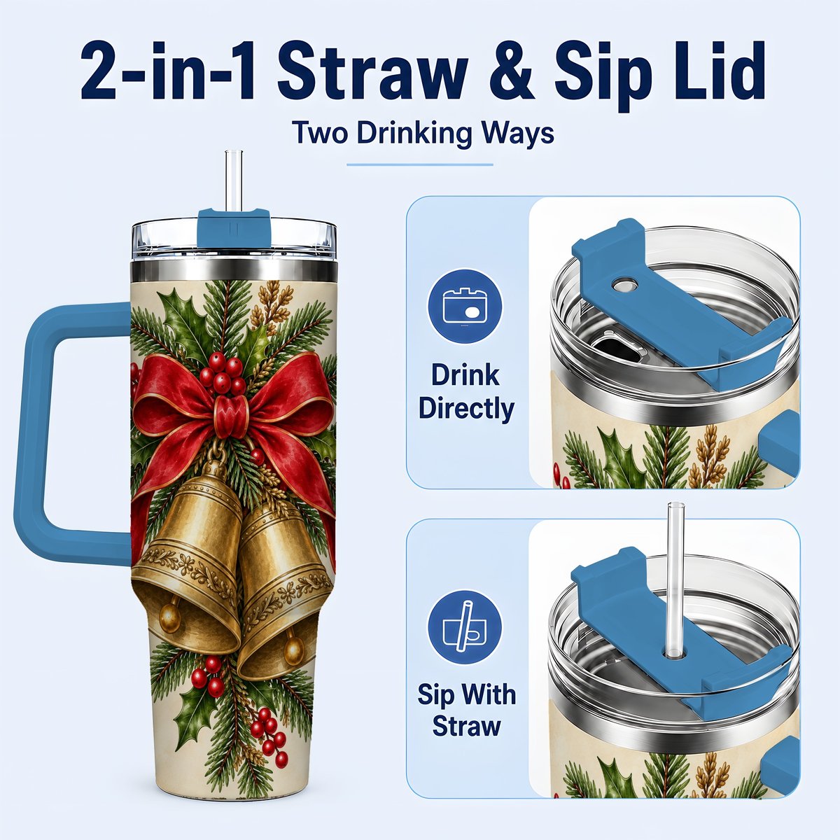 #pl[40oz|Blue] Christmas Bells 40oz Tumbler with Handle, Holiday Floral Design