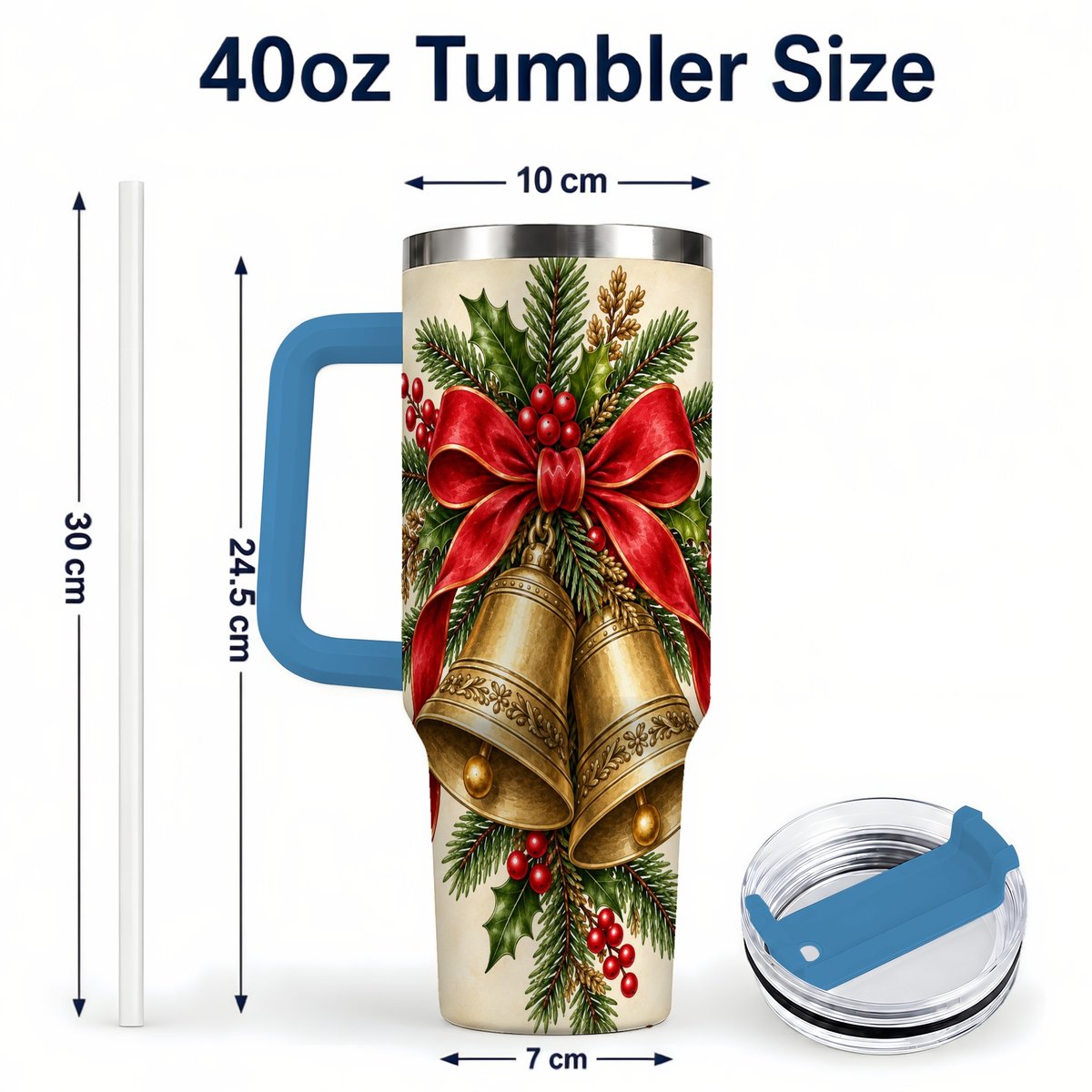 #pl[40oz|Blue] Christmas Bells 40oz Tumbler with Handle, Holiday Floral Design