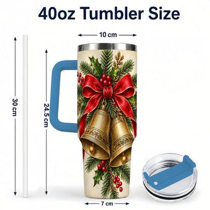 #pl[40oz|Blue] Christmas Bells 40oz Tumbler with Handle, Holiday Floral Design