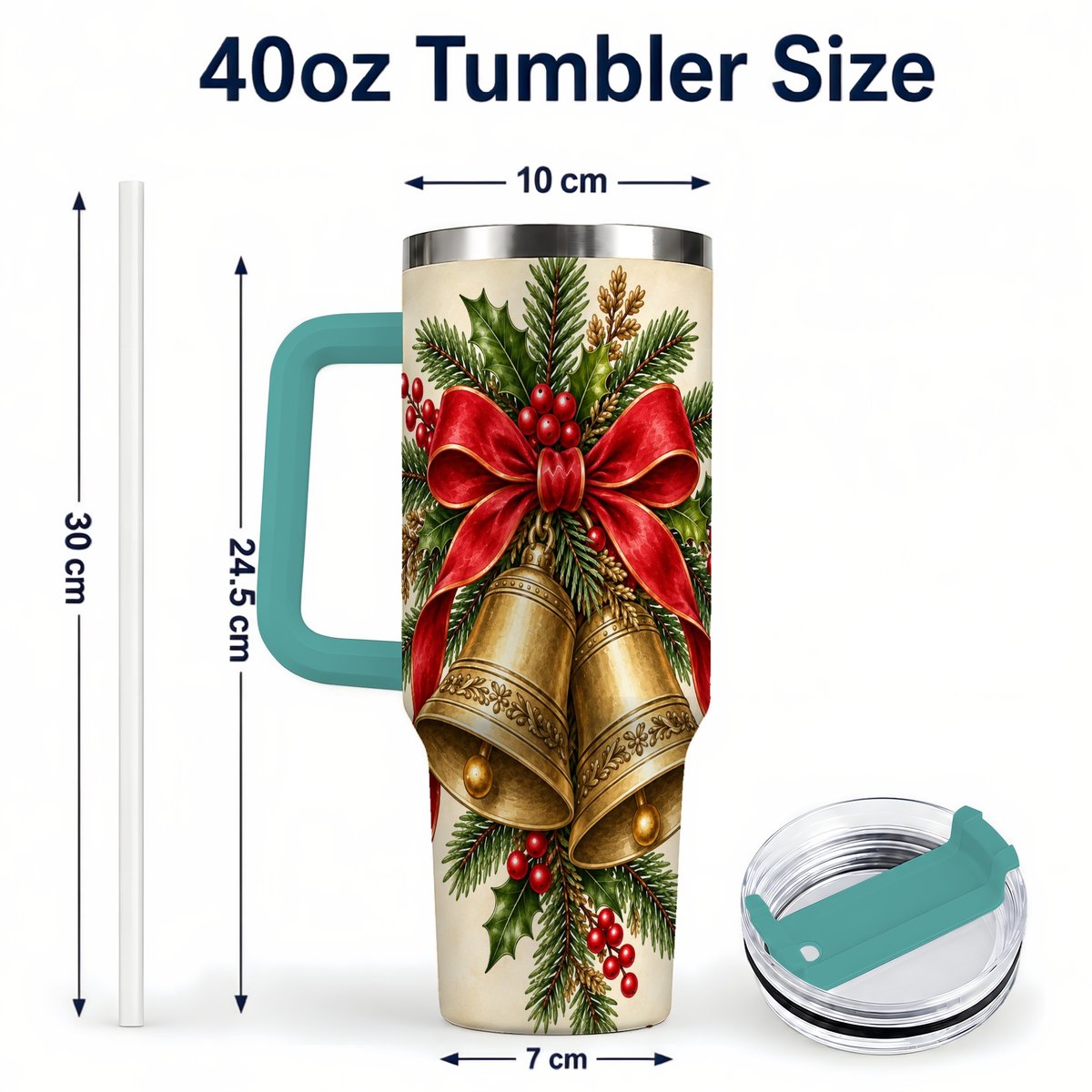 #pl[40oz|Green] Christmas Bells 40oz Tumbler with Handle, Holiday Floral Design