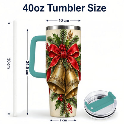 #pl[40oz|Green] Christmas Bells 40oz Tumbler with Handle, Holiday Floral Design