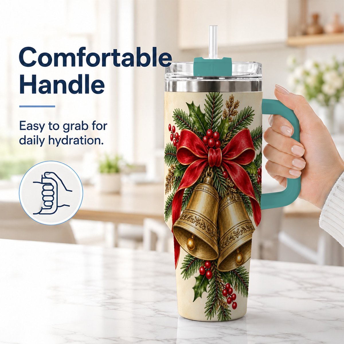 #pl[40oz|Green] Christmas Bells 40oz Tumbler with Handle, Holiday Floral Design
