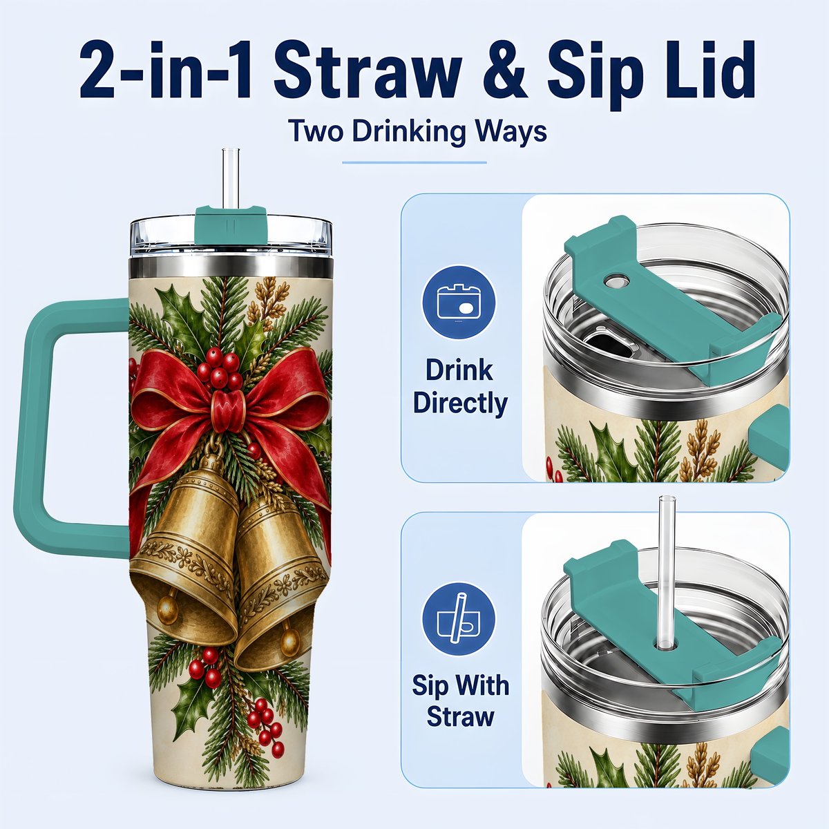 #pl[40oz|Green] Christmas Bells 40oz Tumbler with Handle, Holiday Floral Design
