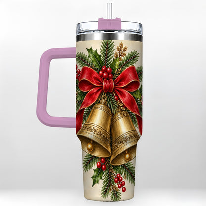 #pl[40oz|Pink] Christmas Bells 40oz Tumbler with Handle, Holiday Floral Design