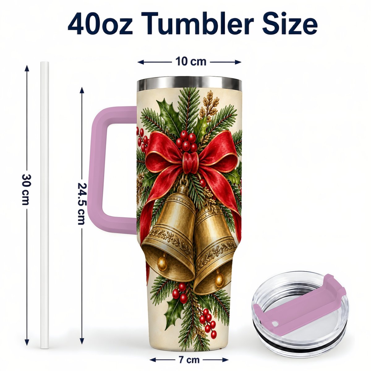 #pl[40oz|Pink] Christmas Bells 40oz Tumbler with Handle, Holiday Floral Design
