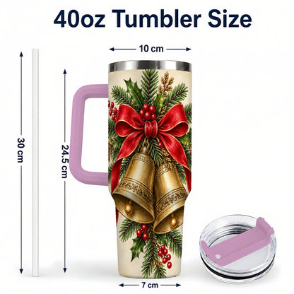 #pl[40oz|Pink] Christmas Bells 40oz Tumbler with Handle, Holiday Floral Design