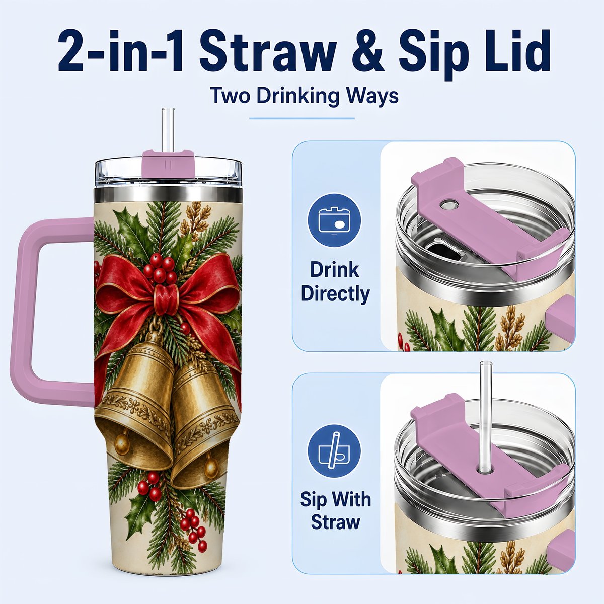 #pl[40oz|Pink] Christmas Bells 40oz Tumbler with Handle, Holiday Floral Design