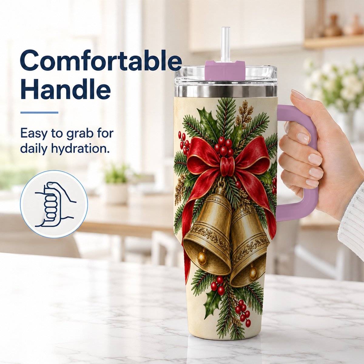 #pl[40oz|Pink] Christmas Bells 40oz Tumbler with Handle, Holiday Floral Design