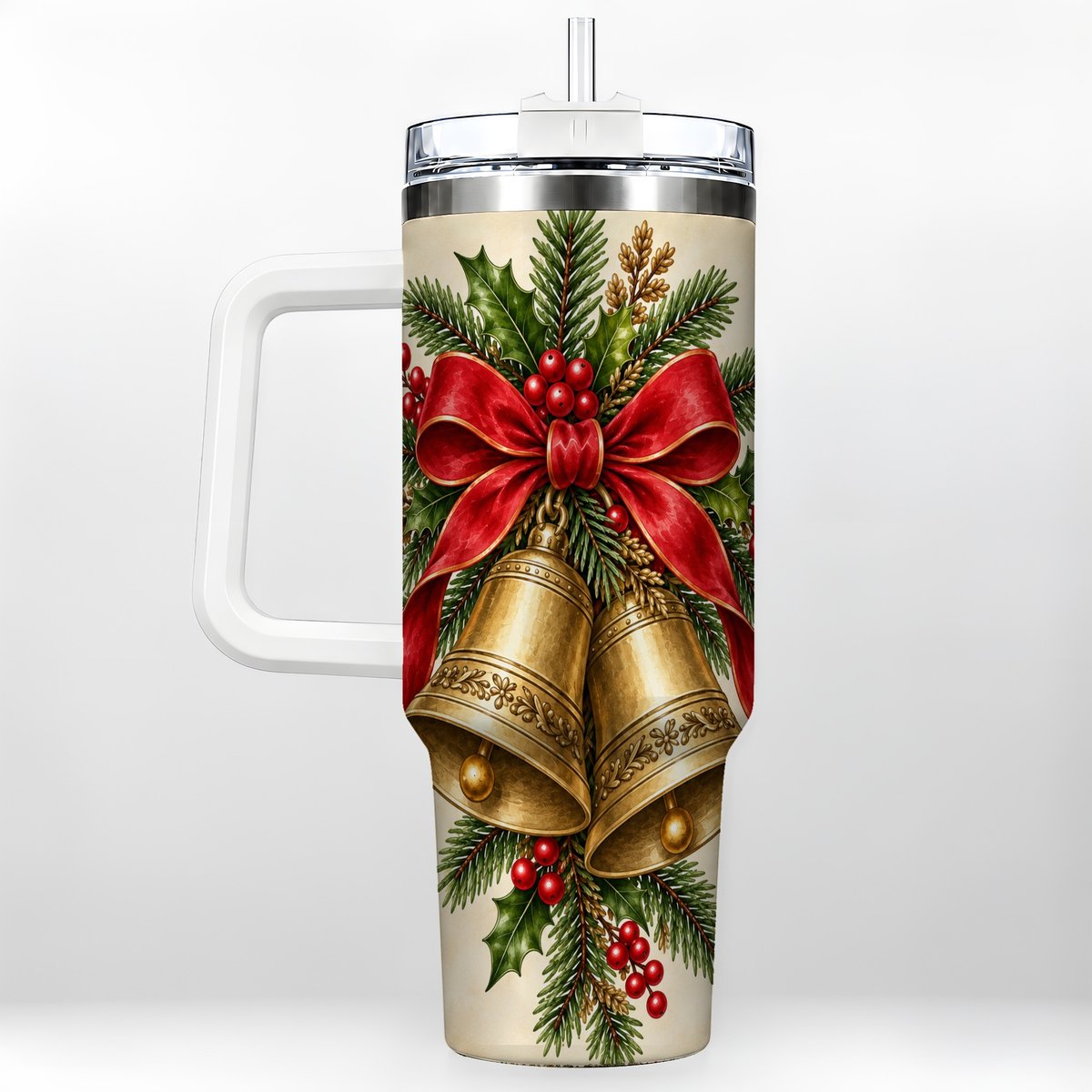 Christmas Bells 40oz Tumbler with Handle, Holiday Floral Design