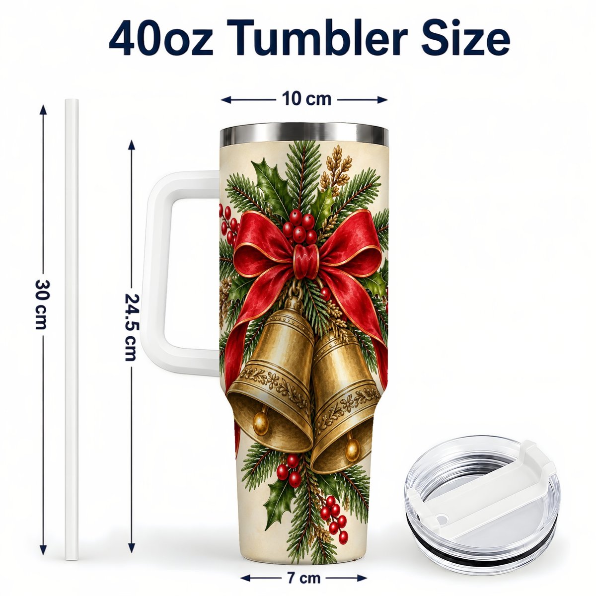 #pl[40oz|White] Christmas Bells 40oz Tumbler with Handle, Holiday Floral Design