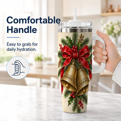 #pl[40oz|White] Christmas Bells 40oz Tumbler with Handle, Holiday Floral Design