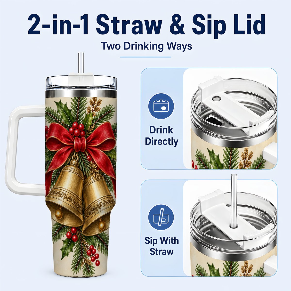 #pl[40oz|White] Christmas Bells 40oz Tumbler with Handle, Holiday Floral Design