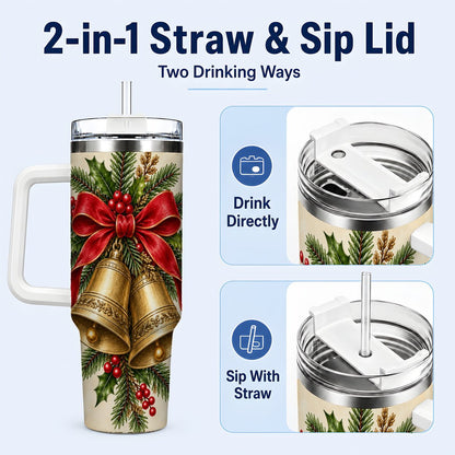 #pl[40oz|White] Christmas Bells 40oz Tumbler with Handle, Holiday Floral Design
