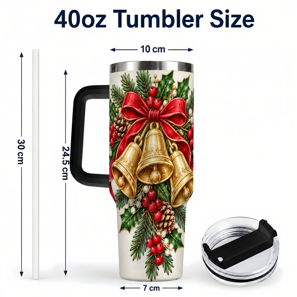 #pl[40oz|Black] Golden Bells 40oz Tumbler with Handle, Evergreen Holiday Art