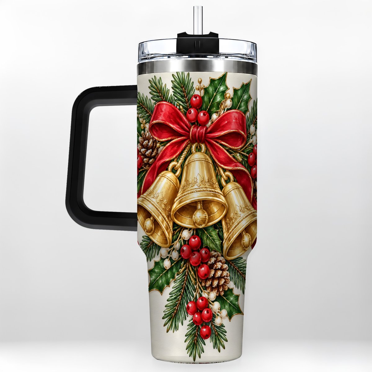 #pl[40oz|Black] Golden Bells 40oz Tumbler with Handle, Evergreen Holiday Art