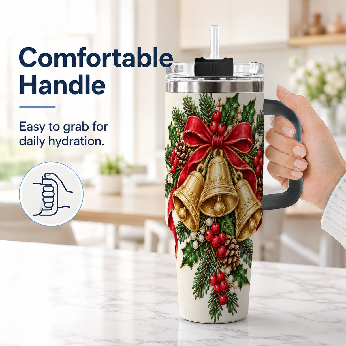 #pl[40oz|Black] Golden Bells 40oz Tumbler with Handle, Evergreen Holiday Art