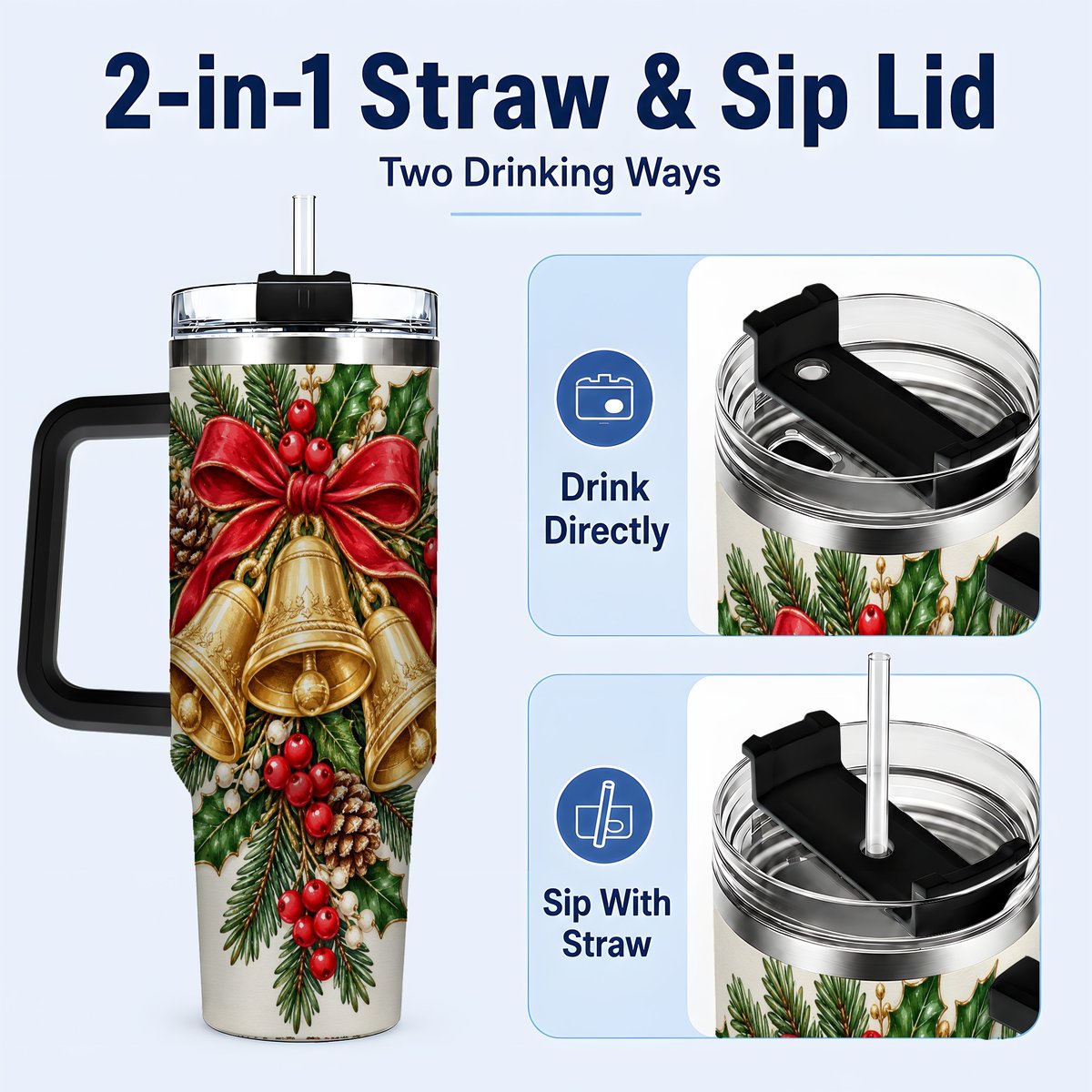 #pl[40oz|Black] Golden Bells 40oz Tumbler with Handle, Evergreen Holiday Art