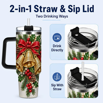 #pl[40oz|Black] Golden Bells 40oz Tumbler with Handle, Evergreen Holiday Art