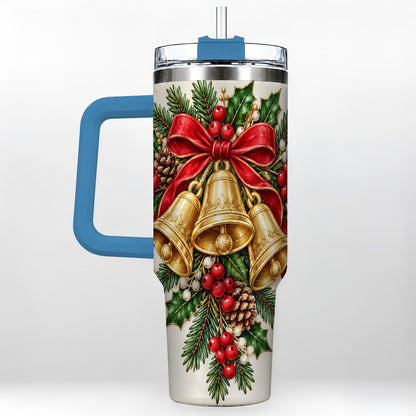 #pl[40oz|Blue] Golden Bells 40oz Tumbler with Handle, Evergreen Holiday Art
