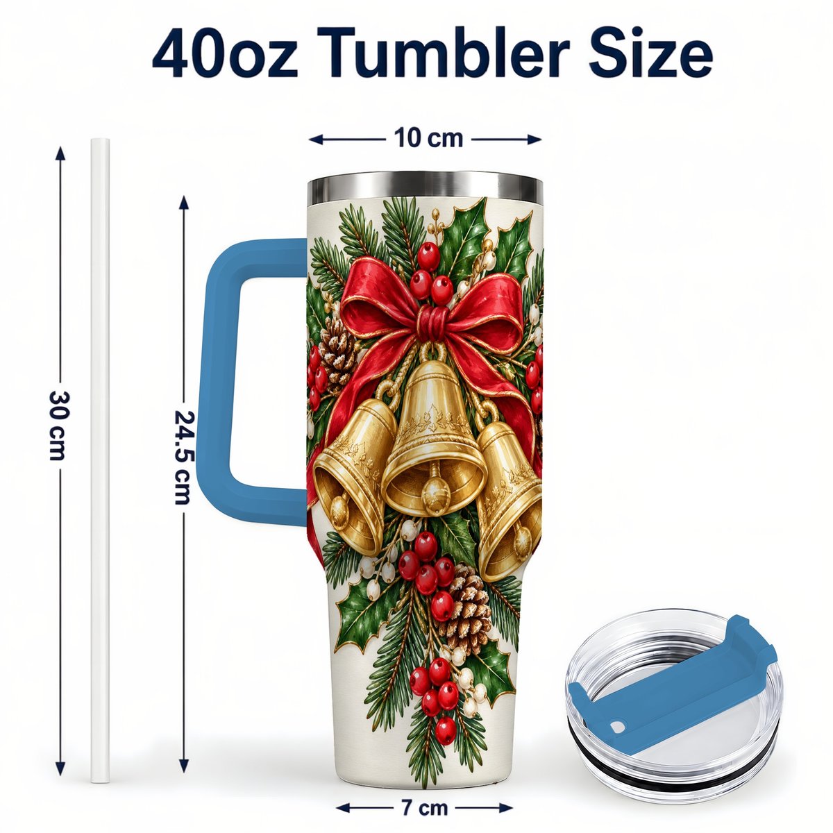 #pl[40oz|Blue] Golden Bells 40oz Tumbler with Handle, Evergreen Holiday Art