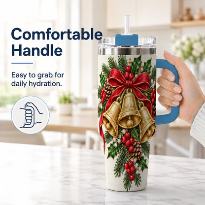 #pl[40oz|Blue] Golden Bells 40oz Tumbler with Handle, Evergreen Holiday Art