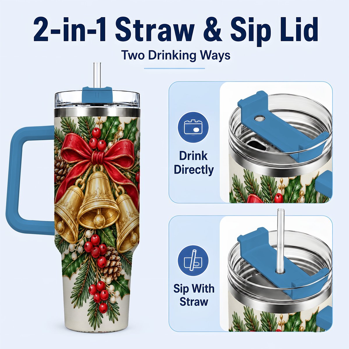 #pl[40oz|Blue] Golden Bells 40oz Tumbler with Handle, Evergreen Holiday Art