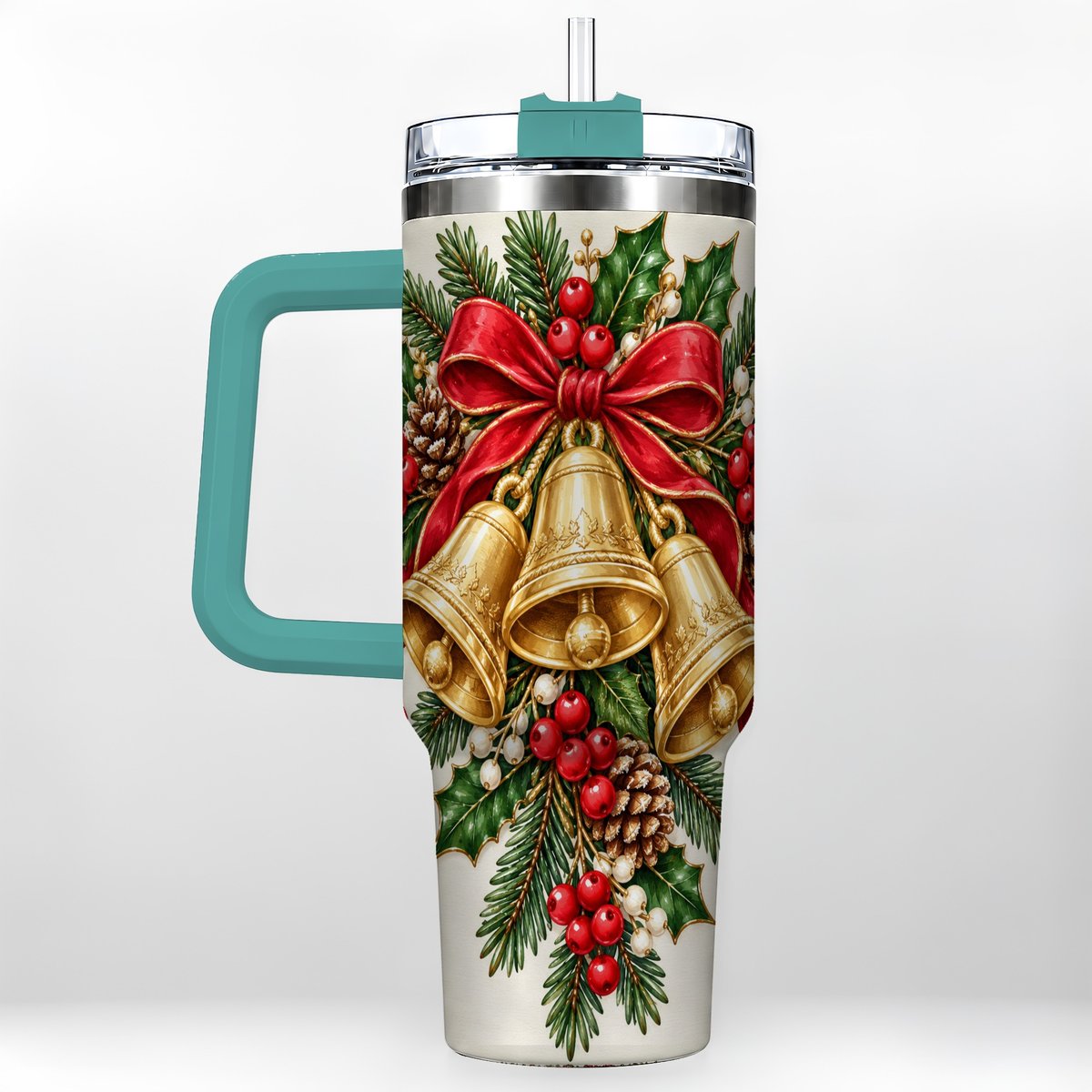 #pl[40oz|Green] Golden Bells 40oz Tumbler with Handle, Evergreen Holiday Art