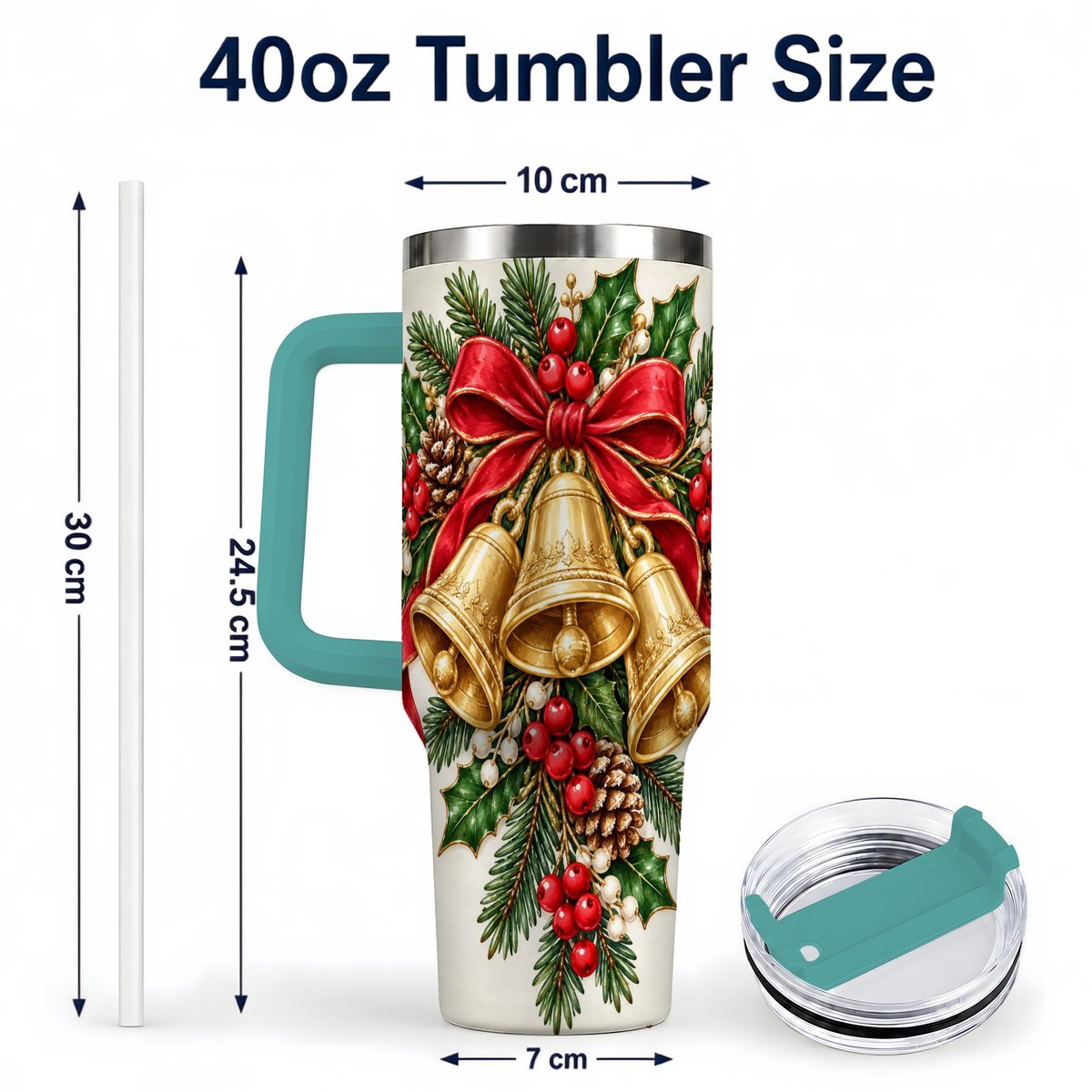 #pl[40oz|Green] Golden Bells 40oz Tumbler with Handle, Evergreen Holiday Art
