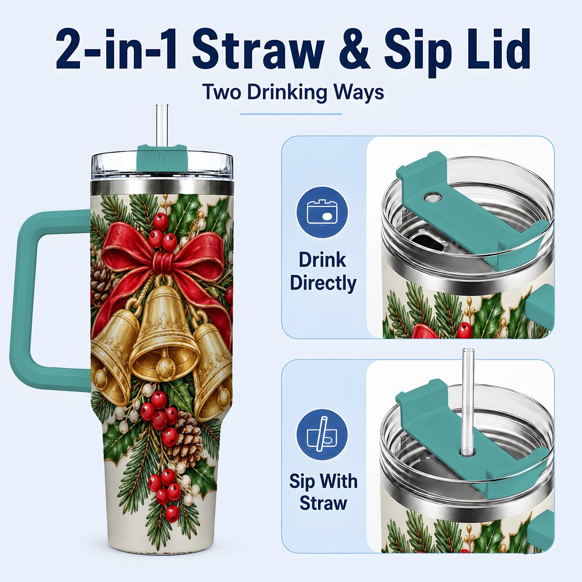 #pl[40oz|Green] Golden Bells 40oz Tumbler with Handle, Evergreen Holiday Art