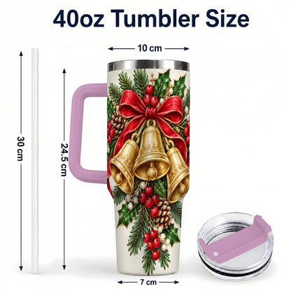 #pl[40oz|Pink] Golden Bells 40oz Tumbler with Handle, Evergreen Holiday Art