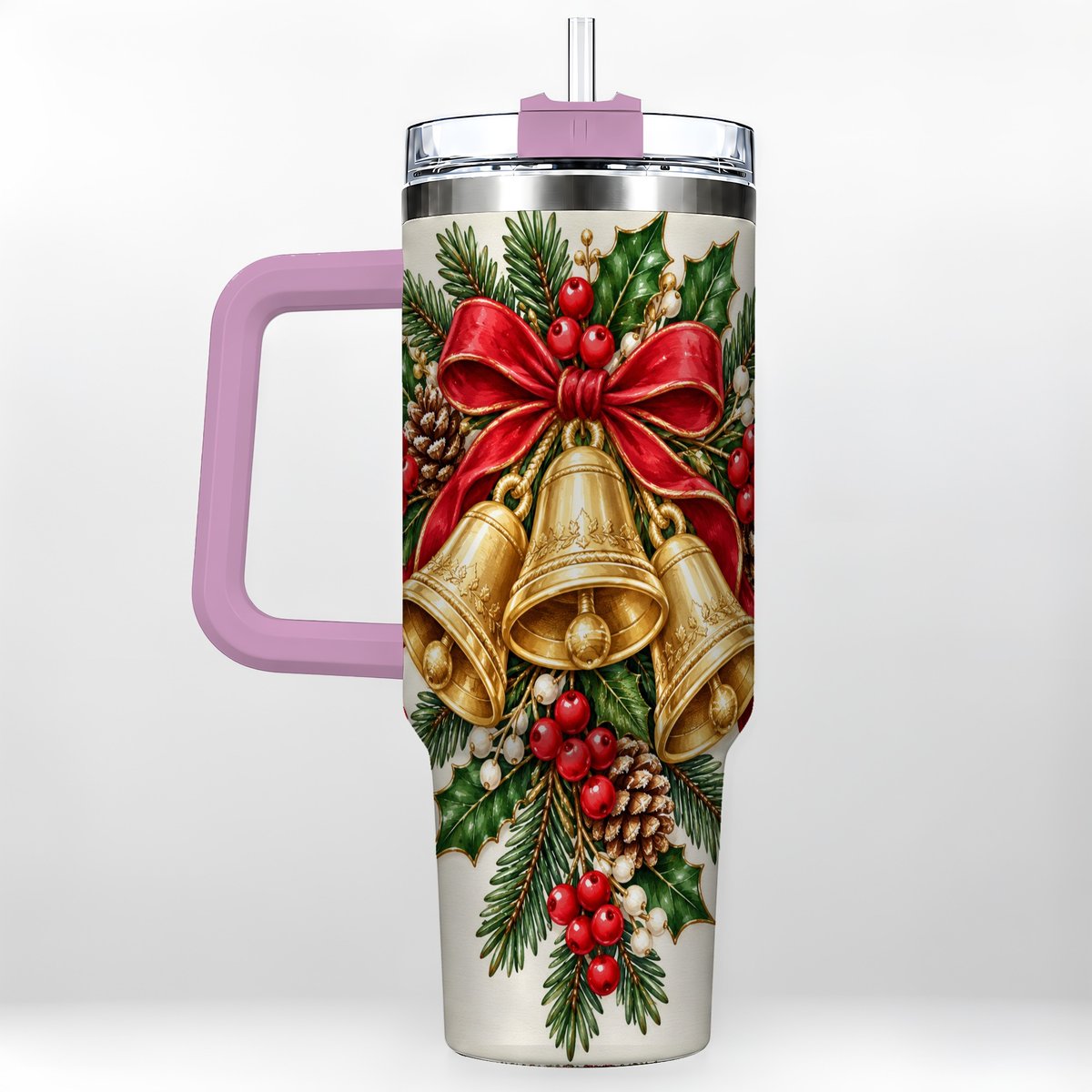 #pl[40oz|Pink] Golden Bells 40oz Tumbler with Handle, Evergreen Holiday Art