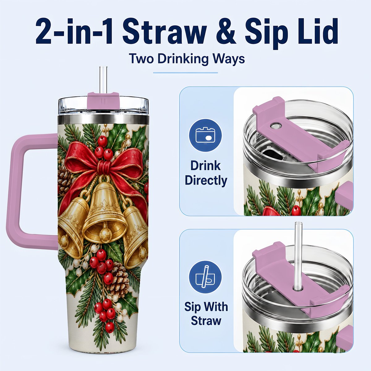 #pl[40oz|Pink] Golden Bells 40oz Tumbler with Handle, Evergreen Holiday Art