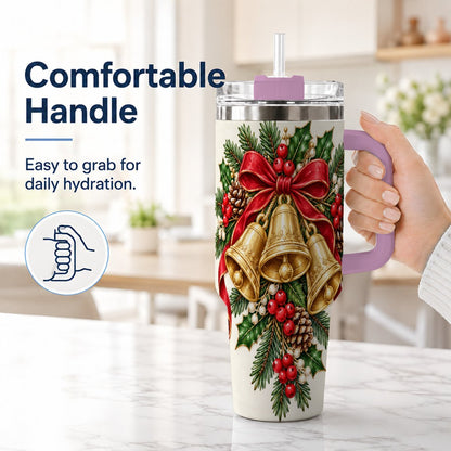 #pl[40oz|Pink] Golden Bells 40oz Tumbler with Handle, Evergreen Holiday Art
