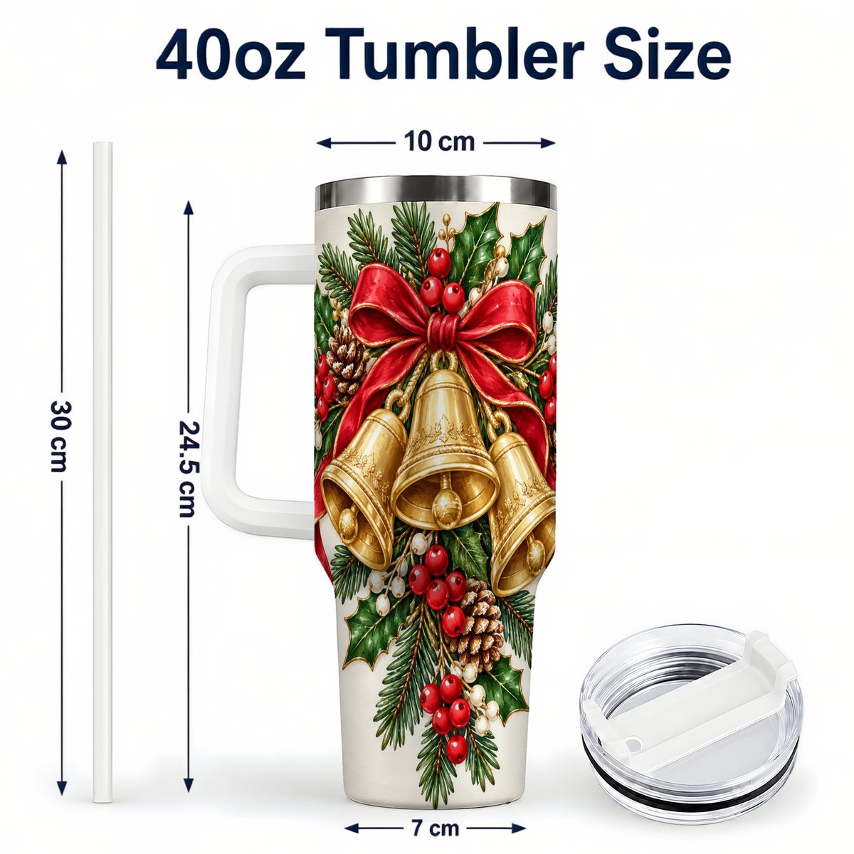 #pl[40oz|White] Golden Bells 40oz Tumbler with Handle, Evergreen Holiday Art