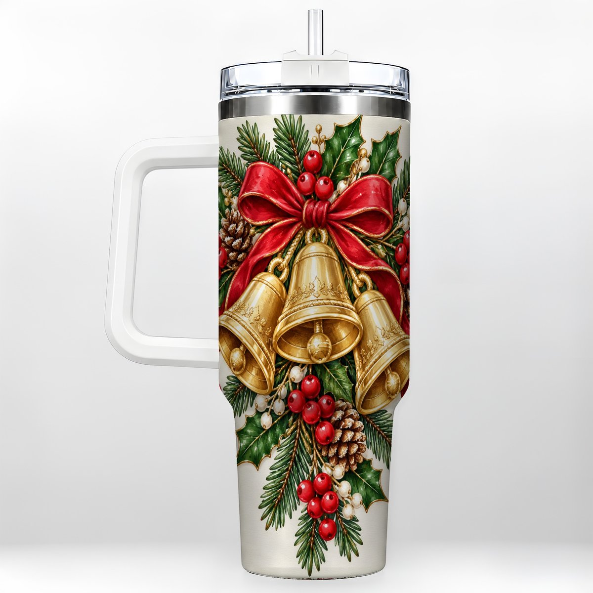 Golden Bells 40oz Tumbler with Handle, Evergreen Holiday Art