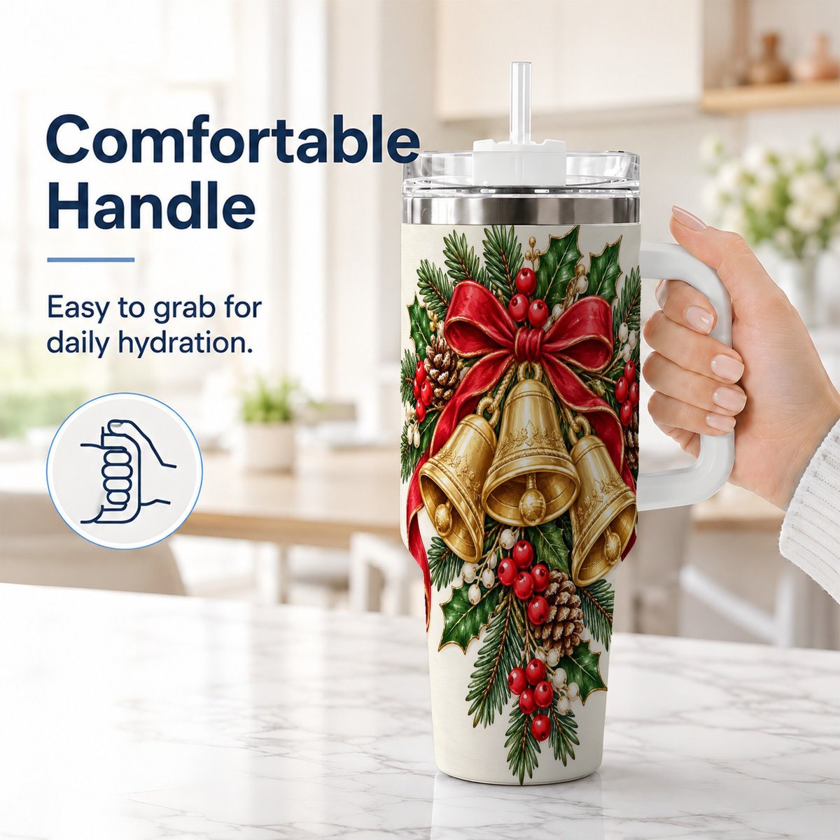 #pl[40oz|White] Golden Bells 40oz Tumbler with Handle, Evergreen Holiday Art