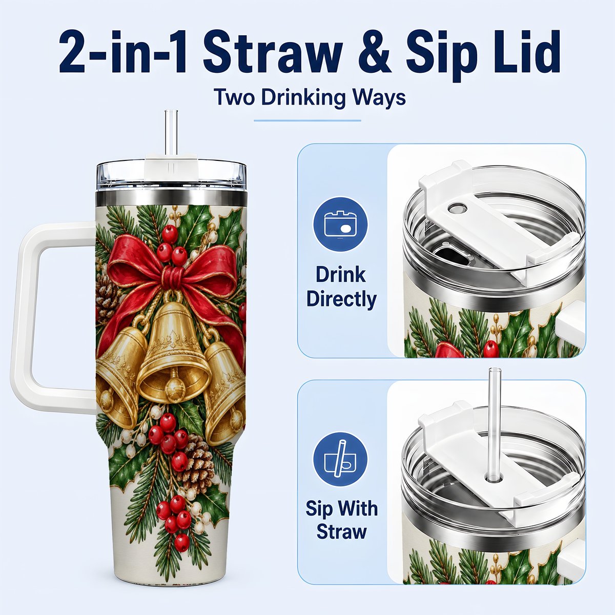 #pl[40oz|White] Golden Bells 40oz Tumbler with Handle, Evergreen Holiday Art