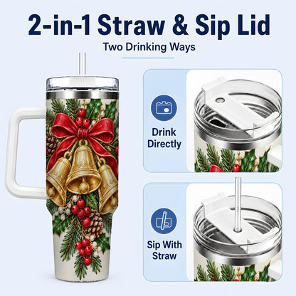 #pl[40oz|White] Golden Bells 40oz Tumbler with Handle, Evergreen Holiday Art