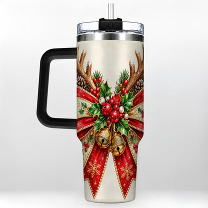 #pl[40oz|Black] Reindeer Bow 40oz Tumbler with Handle, Christmas Ribbon Art