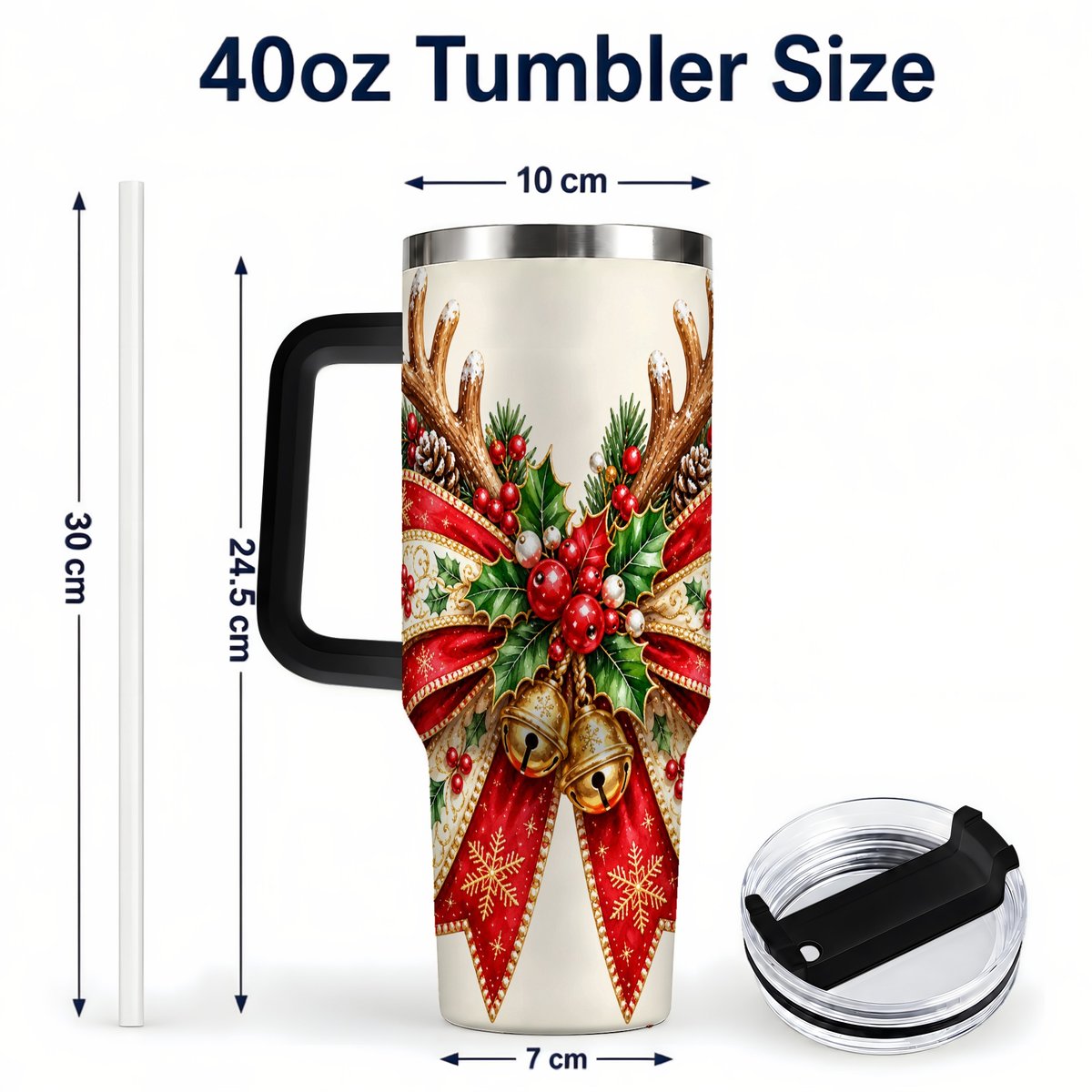 #pl[40oz|Black] Reindeer Bow 40oz Tumbler with Handle, Christmas Ribbon Art