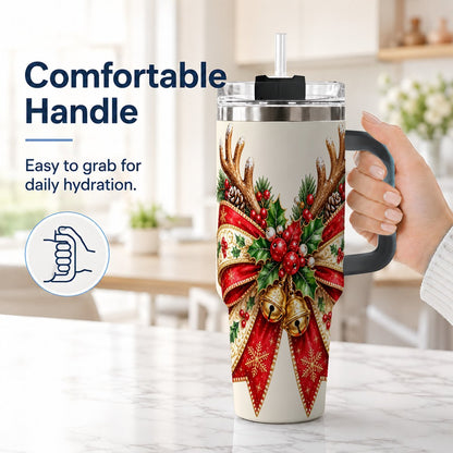 #pl[40oz|Black] Reindeer Bow 40oz Tumbler with Handle, Christmas Ribbon Art