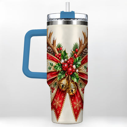 #pl[40oz|Blue] Reindeer Bow 40oz Tumbler with Handle, Christmas Ribbon Art