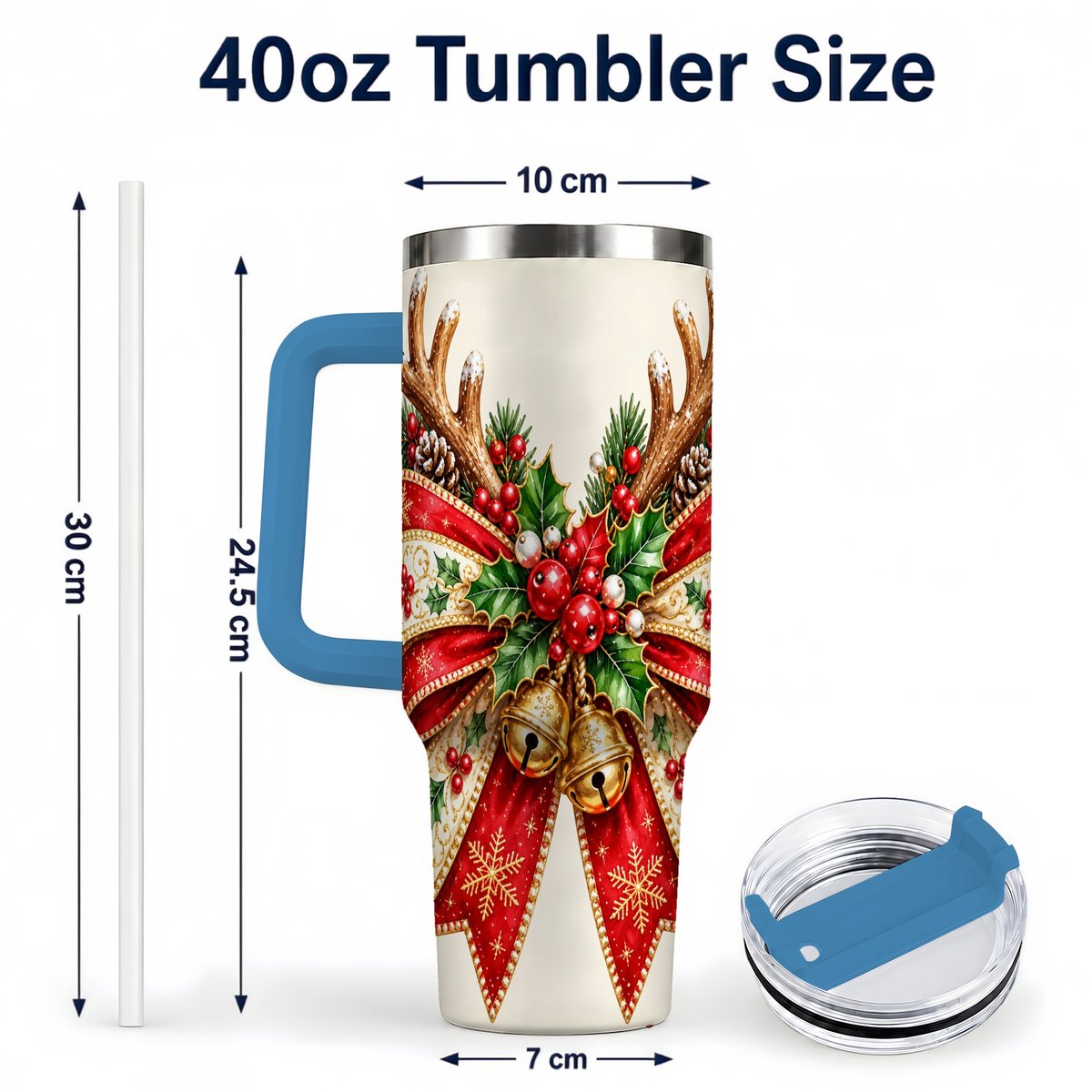 #pl[40oz|Blue] Reindeer Bow 40oz Tumbler with Handle, Christmas Ribbon Art