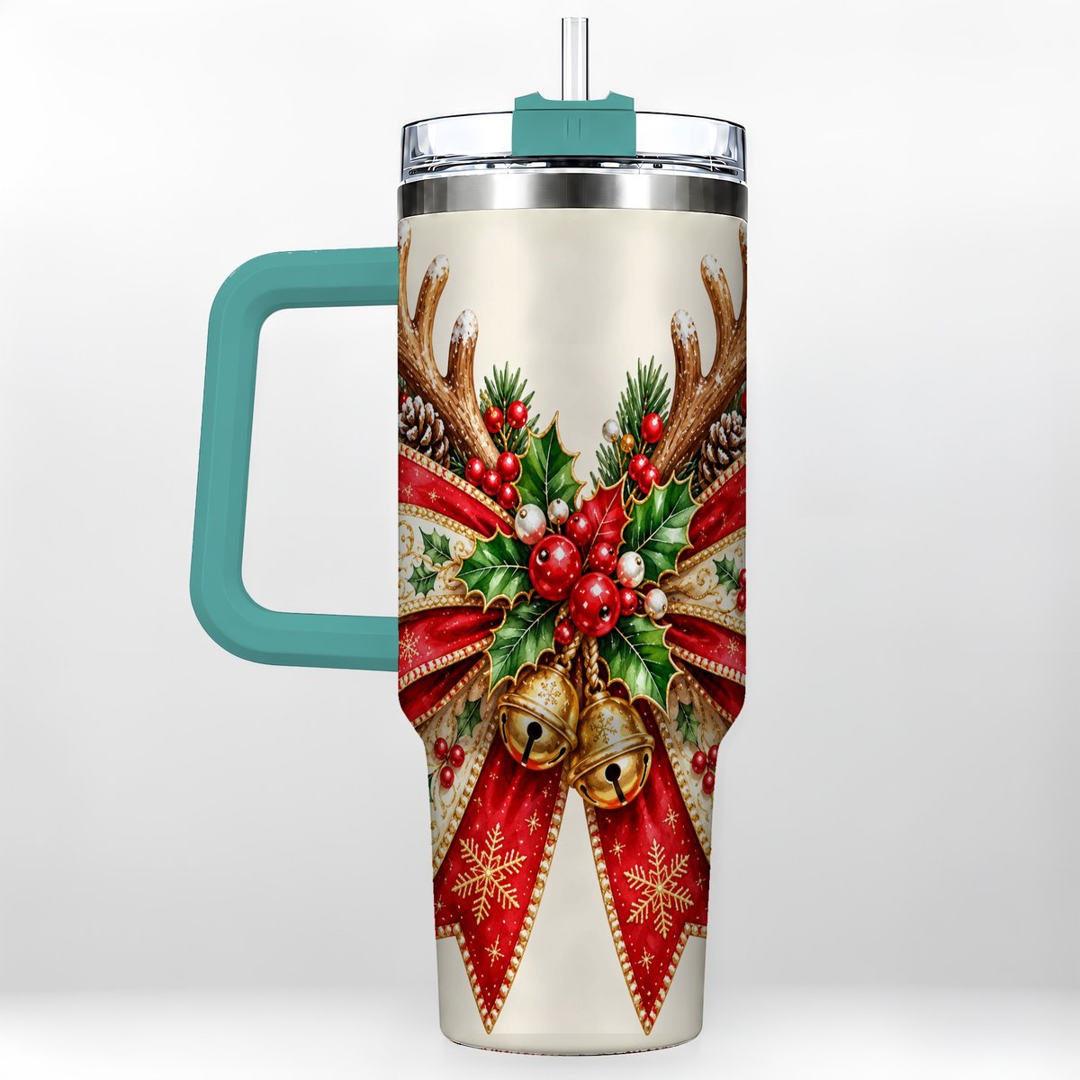 #pl[40oz|Green] Reindeer Bow 40oz Tumbler with Handle, Christmas Ribbon Art