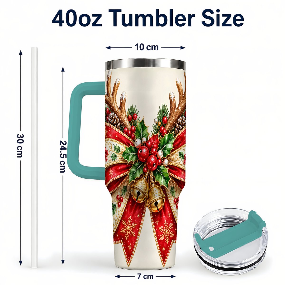 #pl[40oz|Green] Reindeer Bow 40oz Tumbler with Handle, Christmas Ribbon Art