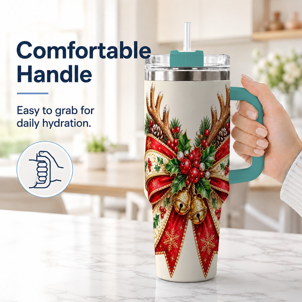#pl[40oz|Green] Reindeer Bow 40oz Tumbler with Handle, Christmas Ribbon Art