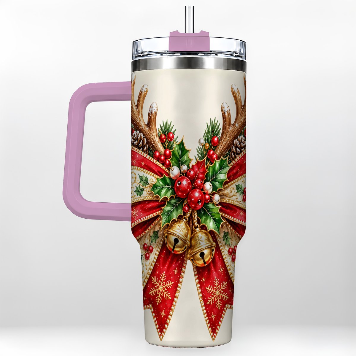 #pl[40oz|Pink] Reindeer Bow 40oz Tumbler with Handle, Christmas Ribbon Art
